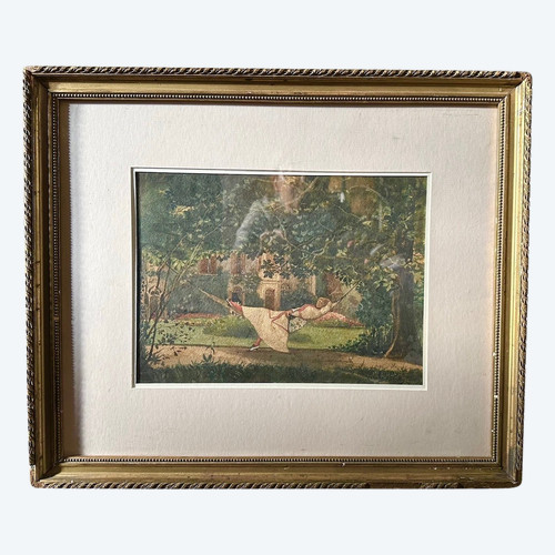 Acquerello di Paul Givry, "Donna in amaca", fine XIX secolo