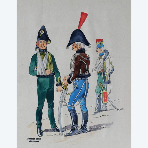 Charles BRUN 1825-1908 tre soldati in uniforme, disegno, Napoleone, Impero