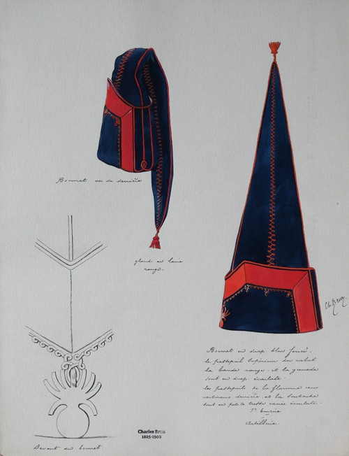 Charles BRUN 1825-1908 1st Empire artilleryman's uniform cap, drawing, Napoleon