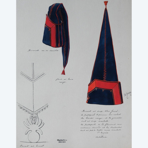 Charles BRUN 1825-1908 1st Empire artilleryman's uniform cap, drawing, Napoleon