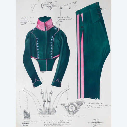 Charles BRUN 1825-1908 Uniforme d'officier du 9e Chasseurs, 1812, drawing, Napoleon, Empire