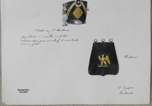 Charles BRUN 1825-1908 1st Empire Hussar sabretache and shako, drawing, Napoleon