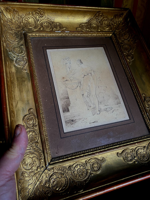 Dessin néo classique au lavis d'une femme dénudée de Nicolas Gosse dans son cadre Restauratio