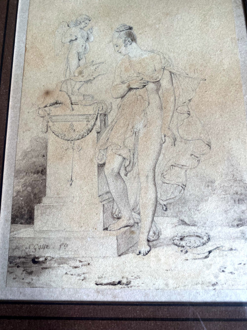 Dessin néo classique au lavis d'une femme dénudée de Nicolas Gosse dans son cadre Restauratio