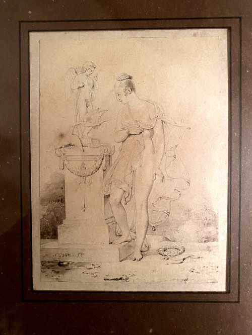 Dessin néo classique au lavis d'une femme dénudée de Nicolas Gosse dans son cadre Restauratio