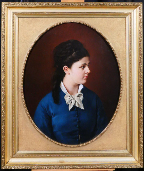 Ecole Française vers 1870, Portrait de femme à la robe bleue, tableau