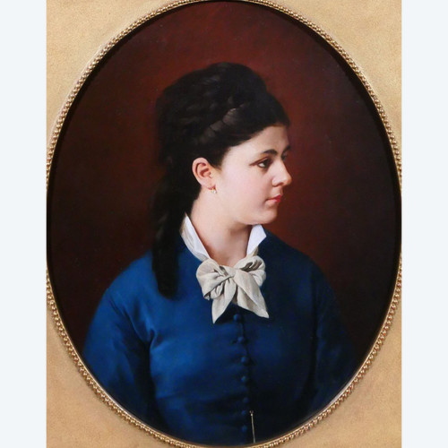 Ecole Française vers 1870, Portrait de femme à la robe bleue, tableau