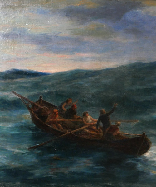 Antoine MORLON 1834-1913 Cristo Salvatore, dipinto, Salon, 1887, barca, mare, religione