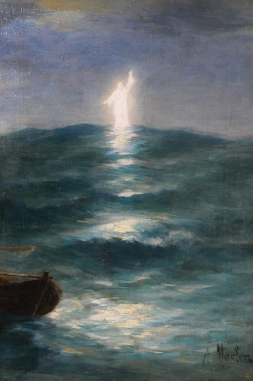 Antoine MORLON 1834-1913 Cristo Salvatore, dipinto, Salon, 1887, barca, mare, religione