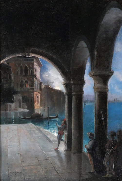 Guino Fedreghini 1861-1945 Venise, scène nocturne, tableau, 1888