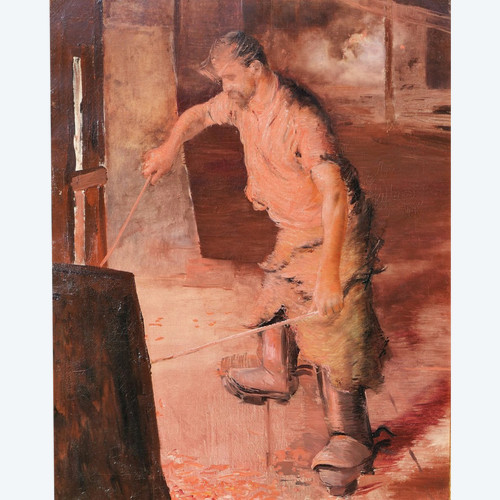 Lucien JONAS (attribué à), 1880-1947, Ouvrier dans un haut-fourneau, tableau, vers 1900