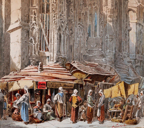 A. CARDINAL, XIXe, Caen, le marché, dessin, circa 1880