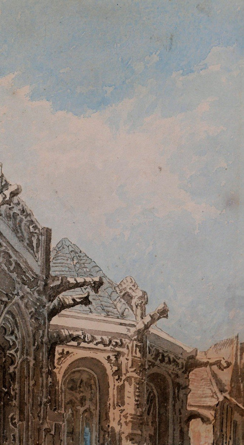 A. CARDINAL, XIXe, Caen, le marché, dessin, circa 1880