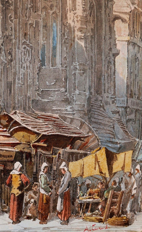 A. CARDINAL, XIXe, Caen, le marché, dessin, circa 1880