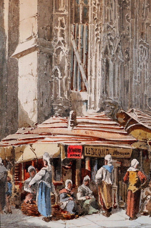 A. CARDINAL, XIXe, Caen, le marché, dessin, circa 1880