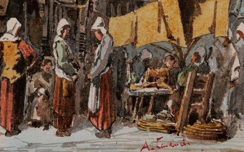 A. CARDINAL, XIXe, Caen, le marché, dessin, circa 1880