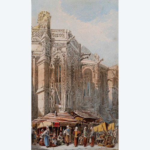 A. CARDINAL, XIXe, Caen, le marché, dessin, circa 1880