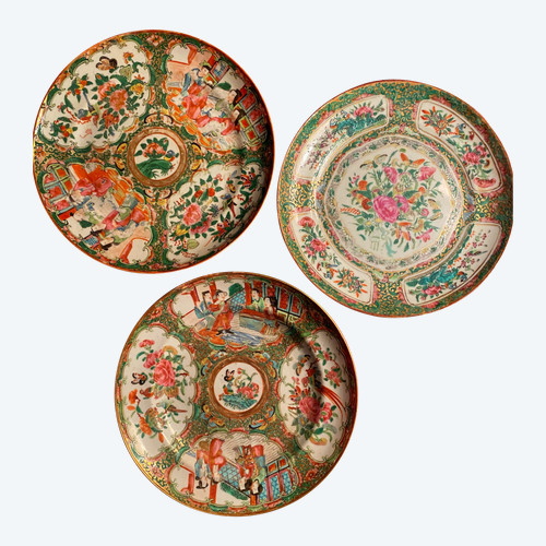 Three Chinese 18th Famille verte plates of very beautiful workmanship finely decorated with scenes and flowers