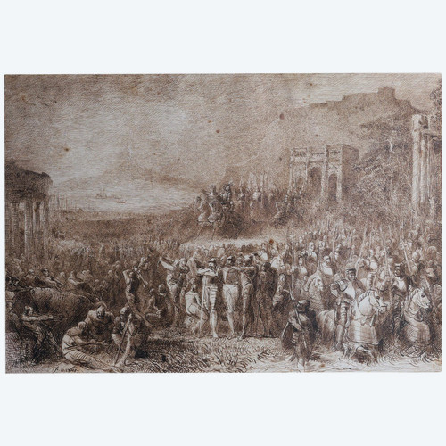 Joseph NAVLET (1821-1889) Scène de triomphe militaire avec volcan en éruption, dessin
