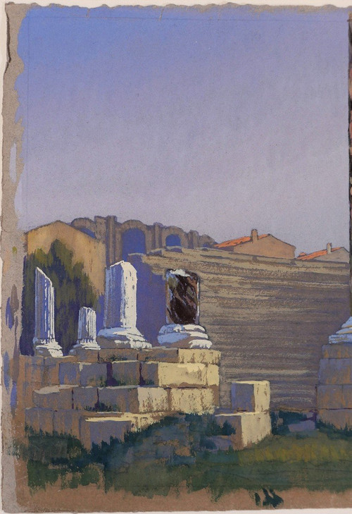 François-Etienne LAHAYE (1878-1949) Arles, ancient theater, daylight effect, drawing, circa 1920
