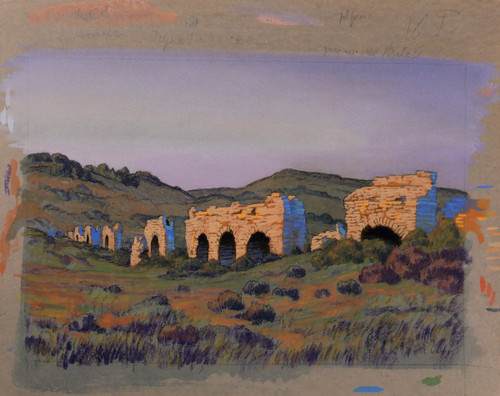 François-Etienne LAHAYE (1878-1949) Provenza, Acquedotto romano (Barbegal?), disegno, 1920 circa