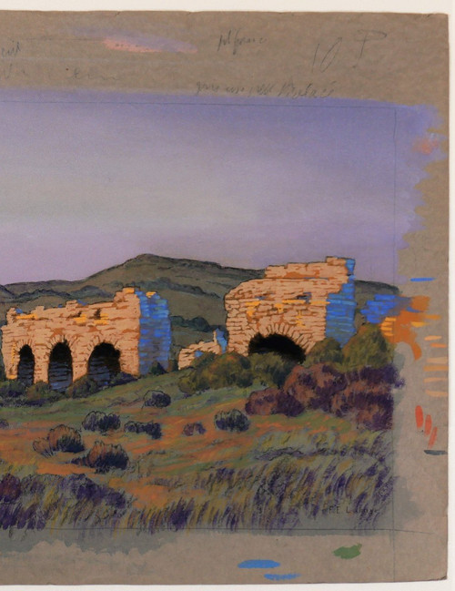 François-Etienne LAHAYE (1878-1949) Provenza, Acquedotto romano (Barbegal?), disegno, 1920 circa