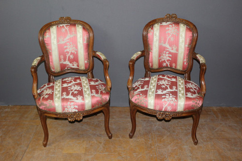 Pair Of Lyonnais XVIII Armchairs In Transitional Walnut