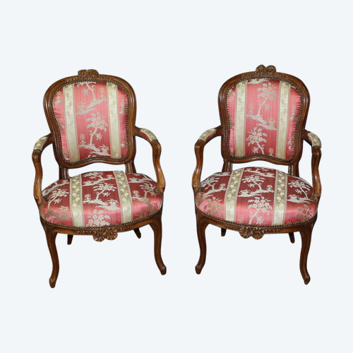 Pair Of Lyonnais XVIII Armchairs In Transitional Walnut