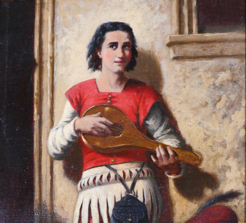 Ecole troubadour circa 1850, le joueur de mandoline, tableau
