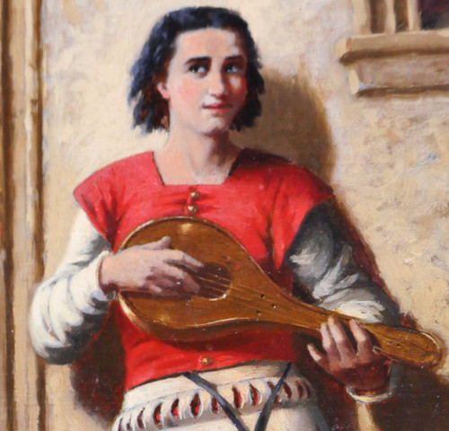 Ecole troubadour circa 1850, le joueur de mandoline, tableau