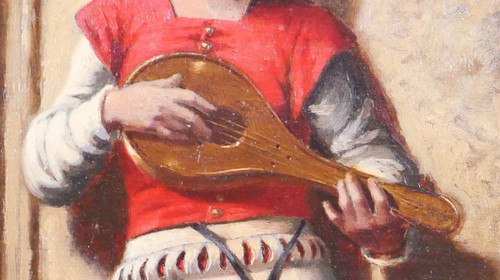 Ecole troubadour circa 1850, le joueur de mandoline, tableau