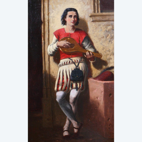 Ecole troubadour circa 1850, le joueur de mandoline, tableau