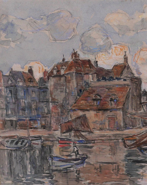 Léon LECLERC 1866-1930 Honfleur, view of the port and the Lieutenancy, watercolor