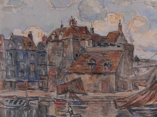 Léon LECLERC 1866-1930 Honfleur, view of the port and the Lieutenancy, watercolor