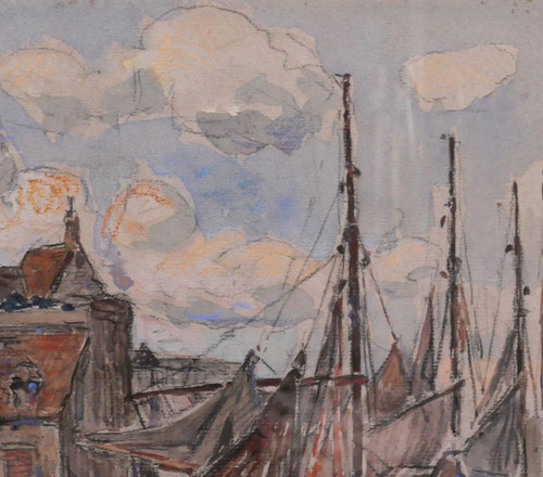 Léon LECLERC 1866-1930 Honfleur, view of the port and the Lieutenancy, watercolor