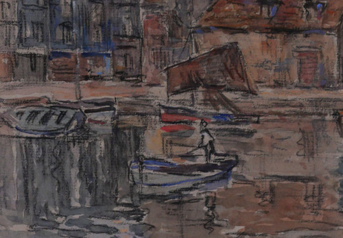 Léon LECLERC 1866-1930 Honfleur, view of the port and the Lieutenancy, watercolor