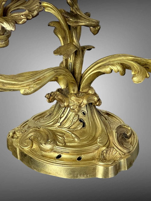 PAIR OF NUMBERED THREE-BRANCH GILT BRONZE CANDLE HOLDERS IN LOUIS XV STYLE