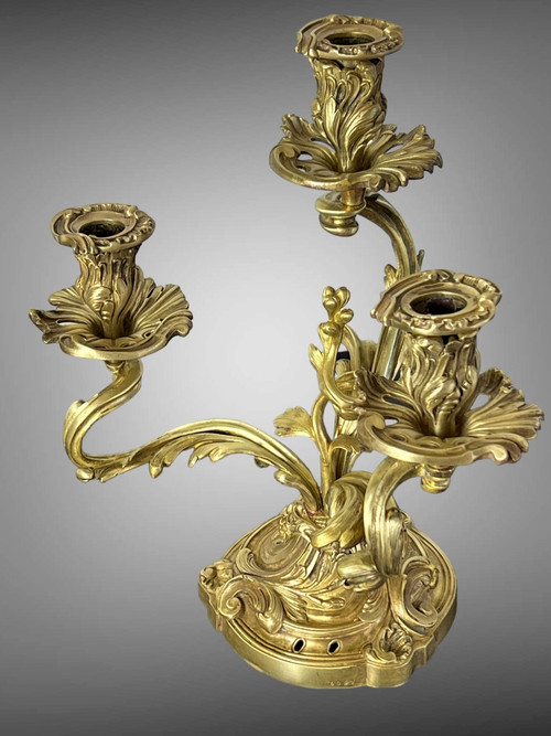 PAIR OF NUMBERED THREE-BRANCH GILT BRONZE CANDLE HOLDERS IN LOUIS XV STYLE