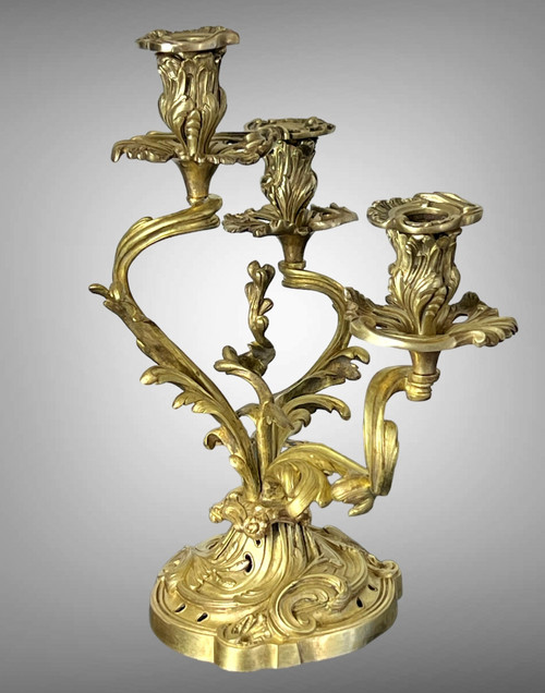 PAIR OF NUMBERED THREE-BRANCH GILT BRONZE CANDLE HOLDERS IN LOUIS XV STYLE
