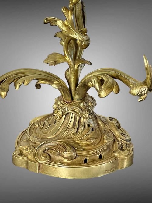 PAIR OF NUMBERED THREE-BRANCH GILT BRONZE CANDLE HOLDERS IN LOUIS XV STYLE
