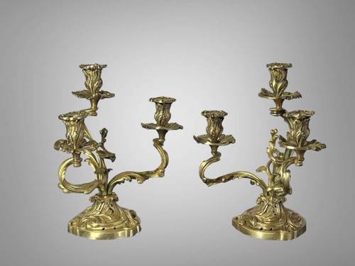 PAIR OF NUMBERED THREE-BRANCH GILT BRONZE CANDLE HOLDERS IN LOUIS XV STYLE