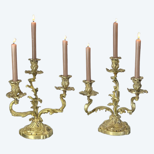 PAIR OF NUMBERED THREE-BRANCH GILT BRONZE CANDLE HOLDERS IN LOUIS XV STYLE