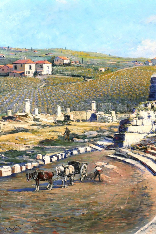 Camille GRETH 1895-1942 Le théâtre romain de Vaison-la-Romaine, tableau, c. 1920-30
