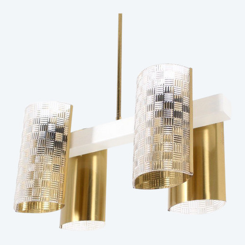 Lustre 4 Feux En Laiton Et Plexiglass.