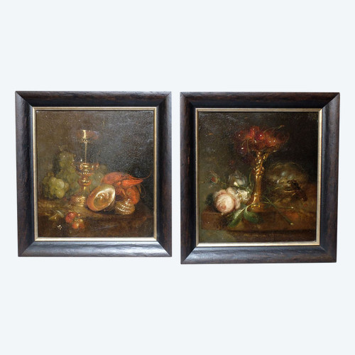 Pair of still lifes - Oil on copper 19th century