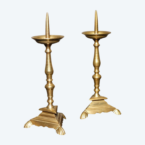 Pair of tripod candle-holders with balusters