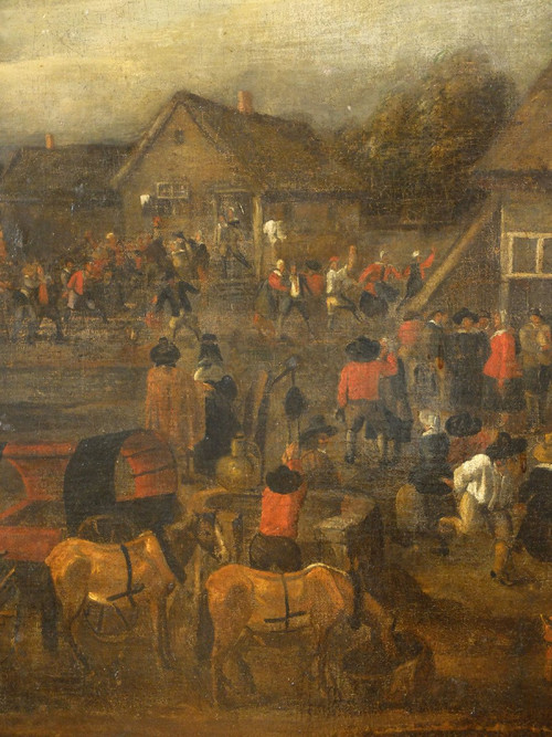 Importante dipinto del XVII secolo "Fiera fiamminga"