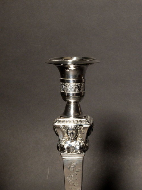 Pair of candlesticks in solid silver, with the count's coat of arms, by Denis Garreau