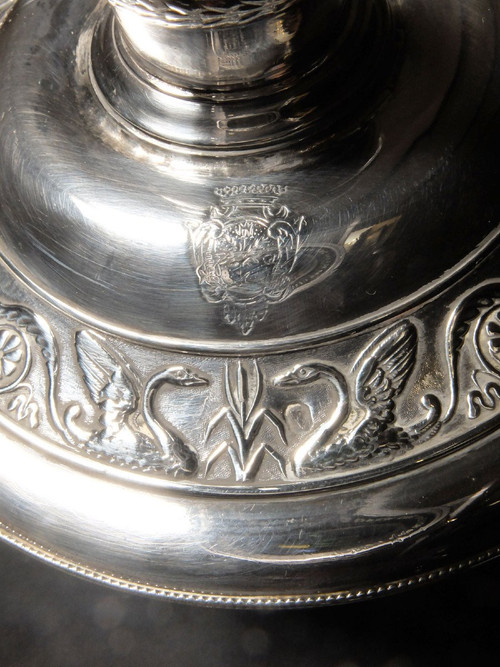 Pair of candlesticks in solid silver, with the count's coat of arms, by Denis Garreau