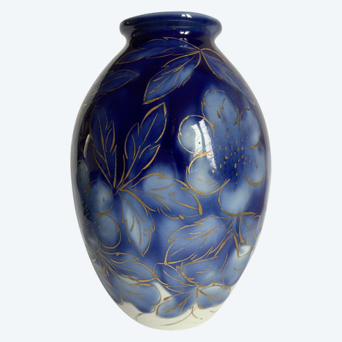 Vaso Camille Tharaud In Porcellana Di Limoges Blu E Oro